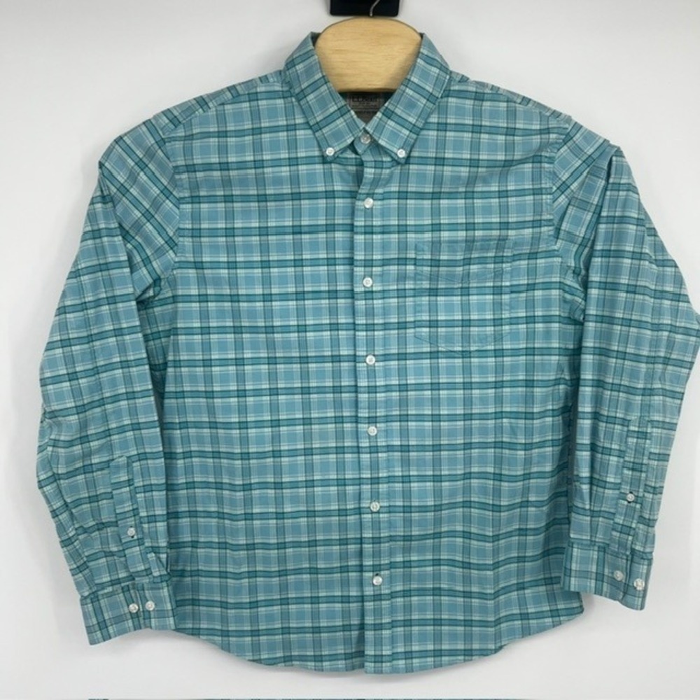 LL Bean Mens Slightly Fitted Plaid Button Down Shirt Teal Aqua Size Medium